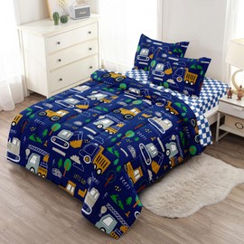 Leaflin Boys 5 Piece Twin Bed Set - Includes Comforter & Sheet Set - Bedding Features Cartoon Construction Car Excavator Tracks Print - Super Soft Fade Resistant Microfiber