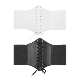 2 Pieces Elasticated Wide Belt, Women's Lace-Up Wasp Belt, Corset Belt, Wasp Wide Elastic Corset, Women's Elastic Wide Belt (Black, White)