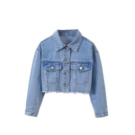 Verdusa Girl's Raw Hem Crop Denim Jacket Long Sleeve Shacket Single Breasted Spring Fall Outerwear Light Blue 9 Years