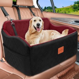 INDYBUD Dog Car Seat for Large Dog,Removable Washable Pet Car Seat with 2 Clip-On Safety Leashs and 2 Pockets,Soft Memory Foam Puppy Bed (Black/Red, Large)