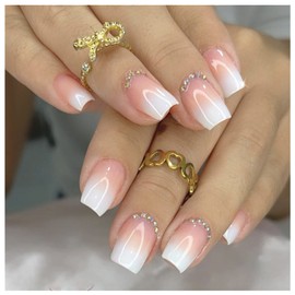 Gradient White Press on Nails Short Square False Nails with Glue Rhinestones Designs Glue on Nails Artificial Acrylic Fake Nails Glossy Office Home Stick on Nails for Women Girls