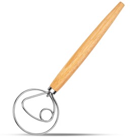 Agttete Danish Dough Whisk Stainless Steel Dough Whisk Dutch Bread Dough Hand Mixer Wooden Handle Kitchen Baking Tools Bread Making Tools and Supplies