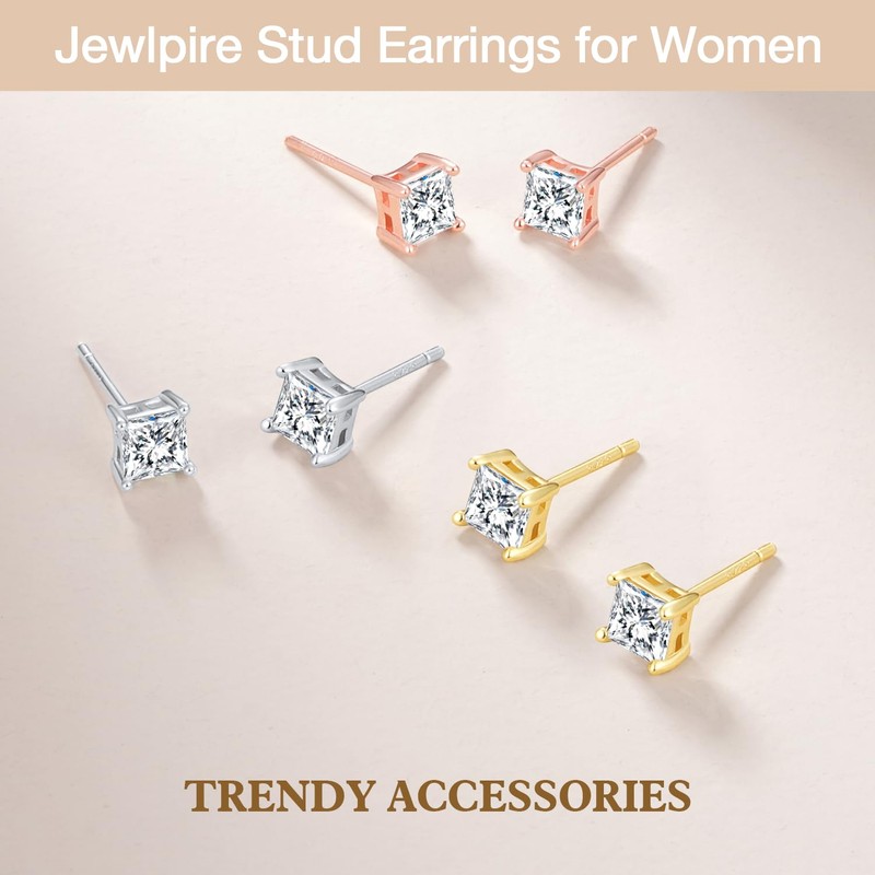 Jewlpire 925 Sterling Silver Stud Earrings for Women, Princess Cut