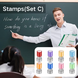 SQAQS 8 Pieces Teacher Stamps, Rich Variety, Light-Sensitive Stamps, Teacher Self-Inking Rubber Stamp, Teacher Review, Reward Stamp for Teachers, Ink Stamps for Children, Set C