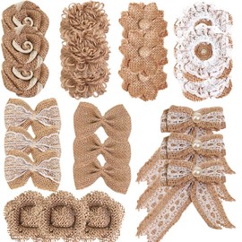 Set di Fiori di Iuta，24 Pcs Fiori rustici fatti a mano di pizzo di iuta Nastro di tela di pizzo di iuta naturale，per L'artigianato DIY