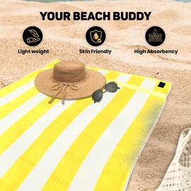 Organix Oversized Beach Towel 36"x72", Large Highly Absorbent 100% Ringspun Cotton Bathroom Cabana Striped Pool Towels 4 Pack, Adult Luxury Beach Towels, Quick Dry Lightweight - Yellow