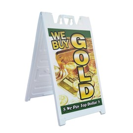 A-Frame Sidewalk We Buy Gold 1 Vertical 24" x 36" Double Sided A-Frame Sidewalk Sign, Includes 2 Installed Vinyl Decals | Foldable Portable White Signicade Sandwich Board Signs