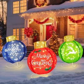 VIHOSE 3 Pcs Large Outdoor Christmas Ball Ornaments Christmas Pop-up Ball with LED Lights Collapsible Lighted Xmas Ball Ornament with Base Merry Christmas Snowflake Deer for Holiday Yard Garden Lawn