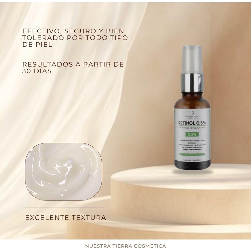 Nuestra Tierra Cosmética Retinol 0.5% Crema Facial Perfeccionadora, Fórmula Anti-Irritante,