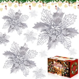 Poinsettia Christmas Decorations Flowers -12Pcs Artificial Poinsettia Christmas Tree Ornaments Glitter for Xmas New Year Wedding Party Wreath DIY Garland Decor (Sliver)