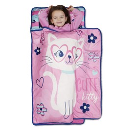 Baby Boom Funhouse Cute Kitty Cat Kids Nap Mat Set – Includes Pillow and Fleece Blanket – Great for Girls Napping during Daycare or Preschool - Fits Toddlers, Pink