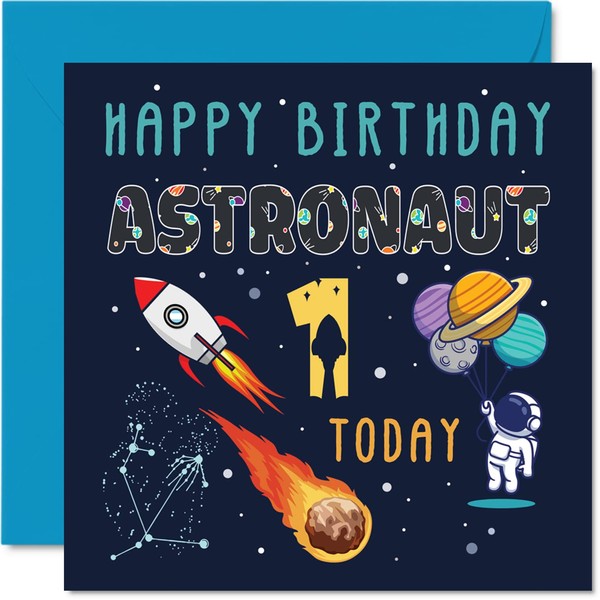 1st Birthday Card Boy - Space Astronaut Cosmos - Happy Birthday Card 1 Year Old Boy Girl, One First Girls Boys Birthday Cards, 5.7 x 5.7 Inch Greeting Card for Son Daughter Niece Nephew Grandson