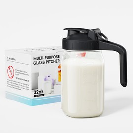 Breast Milk Pitcher, Mason Jar 32 oz, Wide Mouth Jar with Green Flip Cap Lid and Pour Spout, Heavy Duty Airtight Seal for Freshness and Convenience, Great for Cold Beverages and Home Entertaining
