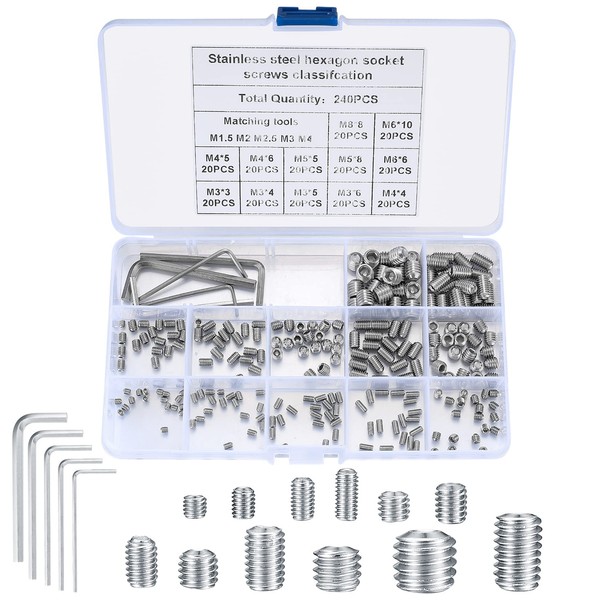 Set of 240 Grub Screws Assortment Set, Hexagon Socket Grub