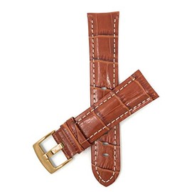 Bandini 18mm Mens Italian Leather Watch Band Strap - Tan With White Stitch - Alligator Pattern - Gold Buckle