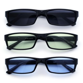 SA106 Mens Hippie Pimp Color Lens Narrow Rectangular Black Frame Sunglasses ([3-Pack] Black, Blue, Green)