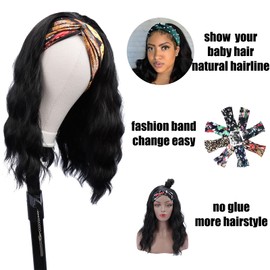 Glueless Headband Wig Synthetic Long Black Body Wave Headband Wigs for Black Women Natural Looking Wavy Wig Heat Resistant 180% Density(16inch, 1B#)