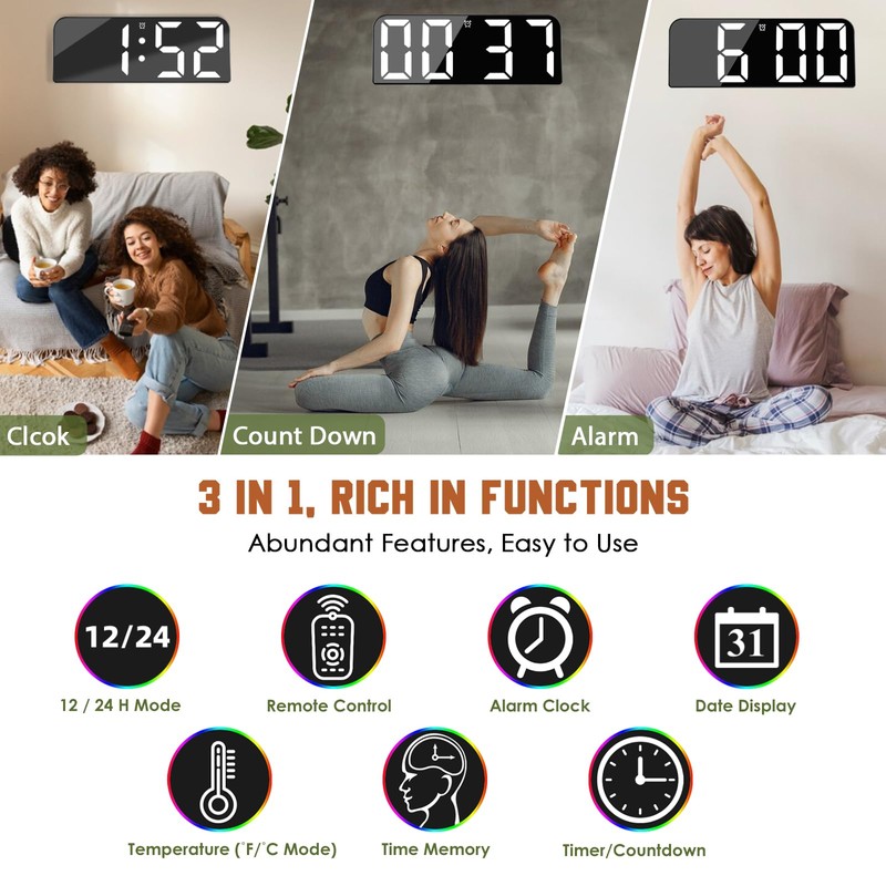 Koolertron Digital Wall Clock, Large Display, LED Clock with Remote