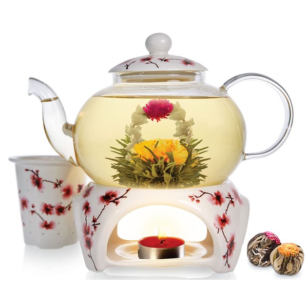 Teabloom Petite Cherry Blossom Teapot & Flowering Tea Gift Set - Glass Teapot (27 OZ / 2-3 Cups), Porcelain Lid, Loose Tea Infuser, Tea Warmer + Candle, 2 Flowering Teas