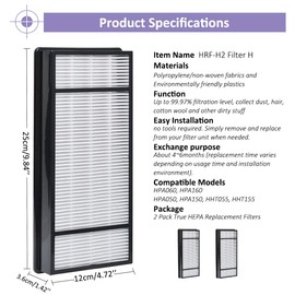 2 Pack HRF-H1 HRF-H2 True HEPA Replacement Filter H, Compatible with Honeywell Air Purifiers Model HPA050, HPA060, HPA150, HPA160, HHT055 and HHT155