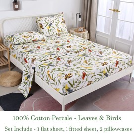 URBONUR 4Pcs Birds Sheets Set for King Bed, Farmhouse Green Leaves Pattern, Luxurious Egyptian Percale Cotton Bed Sheet Silky Smooth Breathable & Cooling Sheets Set Bedding Collection, King Size