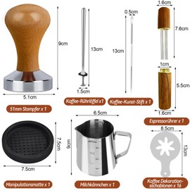 HahaGo Espresso Tamper, 51 mm Coffee Tamper Set, Espresso Accessories, 51 mm Espresso Tamper with Espresso Mat, Coffee Stirrer, Mixing Spoon, Frothing Jug, Latte Art Pen and Decorative Stencils