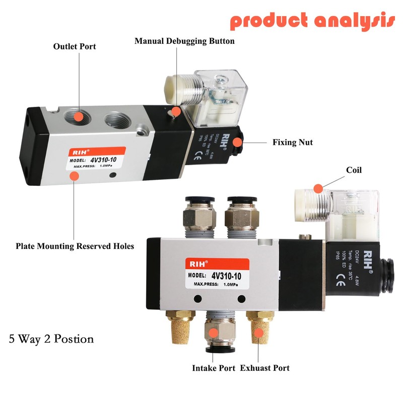 RIH Pneumatics Solenoid Valve 4V310-10 12V/24V/110V Series Single Coil Pilot-Operated