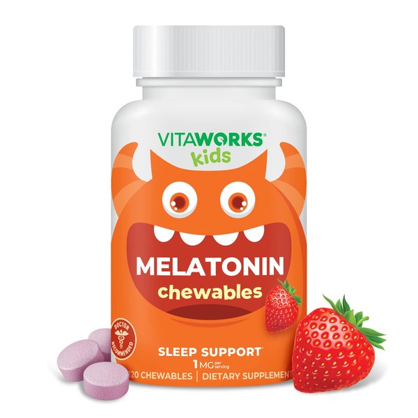 VitaWorks Kids Melatonin 1 mg Chewable with L theanine, Chamomile and Lemon Balm Extract Chewable Tablets - Natural Berry Flavor - for Help Falling and Staying Asleep - for Children - 120 Chewables