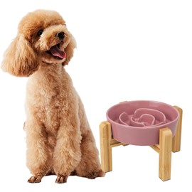 Elevated Slow Feeder Dog Bowl - Ceramic Maze Food Dish with Bamboo Stand - Raised Feeding Bowl for Fast Eaters - Ideal for Small and Medium Dogs - Pink - 6.7 inch