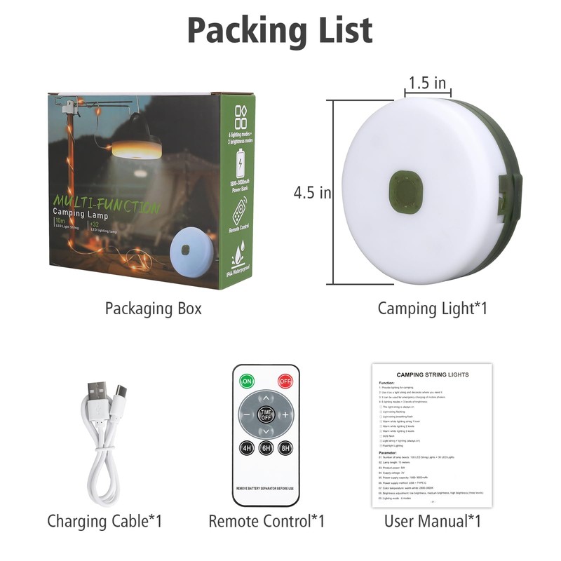 Camping String Lights 33ft 100LED, 4 in 1 Rechargeable 100LED