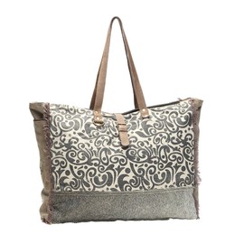 Myra Bag Floral Upcycled Canvas & Cowhide Weekender Bag S-1142