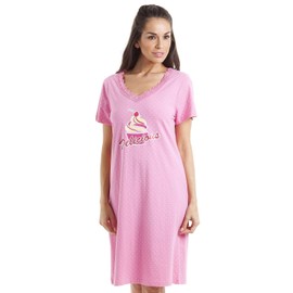 Camille Womens Nightdresses Smooth Soft 100% Cotton - Short Sleeved Breathable & Lightweight Summer Nighties - Pink Delicious Ice Cream - 10-12