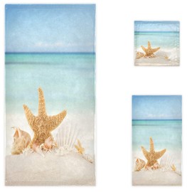 Naanle 3D Summer Beach Starfish Shells Soft Luxury Decorative Set of 3 Towels, 1 Bath Towel+1 Hand Towel+1 Washcloth, Multipurpose for Bathroom, Hotel, Gym, Spa and Beach