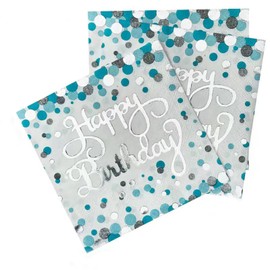 40PACK Happy birthday white background blue dot silver foil napkin 2 Ply Premium Disposable Eco-friendly Bar Napkins adult and child birthday party disposable napkins, Blue,Silver