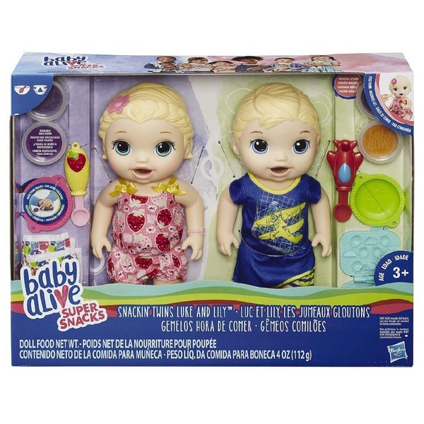 Baby Alive Super Snacks Snackin Twins Lily Girl Doll and Luke Boy Doll Blonde NEW With Accessories