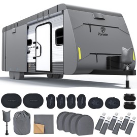 Upgraded 600D Top Waterproof Travel Trailer RV Cover, Extra-Thick Oxford for 28'7"-31'6" RV, Anti-UV Rip-Stop Utility Camper Cover with Adhesive Repair Patch, 2Pcs Extra Straps & 4 Tire Covers
