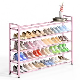 Bumusty 3-Tier Long Expandable Shoe Rack for Closet, 18"-44" Adjustable Shoe Rack for Entryway, 25-30 Pairs Large Shoe Organizer Shelf Storage, Sturdy Metal, Pink