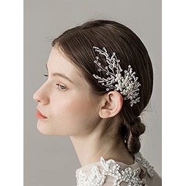 JWICOS Bridal Silver Hair Accessories for Women and Girls Crystal Rhinestones Pearl Beads Hair Comb for Wedding, Birthday and Party