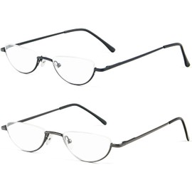 REAVEE 2 Pack Half Lens Reading Glasses Men Women Spring Hinge Metal Half Frame Readers Slim Half Moon Eyeglasses with Pouch,Black and Gun Grey 2.0