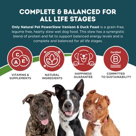 Only Natural Pet PowerStew Venison & Duck Feast Wet Dog Food - Legume and Grain-Free with Savory Hydrating Broth & Vegetables, Complete Nutrition for All Life Stages, 12.5 oz Cans, Pack of 6