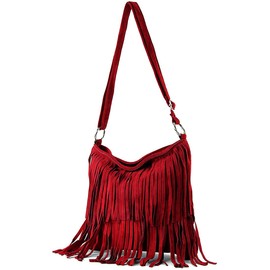 Womens Italian Real Suede Leather Fringe Tassel Shoulder Handbag Cross Body Messenger Side Bag For Ladies (Burgundy)