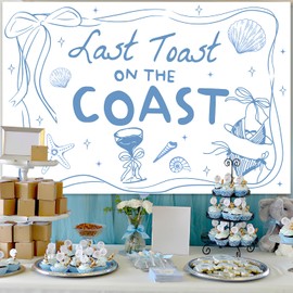 Last Toast on The Coast Backdrop Blue Bow Shell Champagne Photography Background Cloth Coastal Bachelorette Party Decorations for Women Bridal Shower Engagement Party Decor Supplies 5x3ft