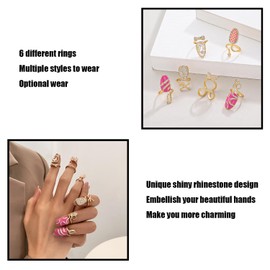 YIUWLMN 6Pcs Exquisite Trendy Fingertip Ring Shiny Rhinestone Decor Ring Metal Finger Nail Rings Delicate, Adjustable Nail Art Jewelry for Women