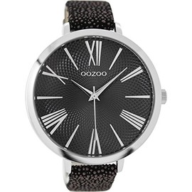 Oozoo Women's Watch with Snake Look Leather Strap and Mandala Dial XXL 48 mm in Various Designs, Silver / black, Strap.