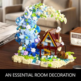 WHIZGO Blue Moon Flower House Mini Building Blocks Set, 1343PCS-Botanical Collection, Cabin & Blue Flower Bouquet Building Kits, Flowers for Home Office, Shelf or Room Decor, Gift for Her and Him