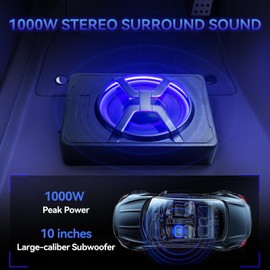 1000W Under Seat Car Subwoofer 10-Inch, Slim Powered Bass Tube w/Built-in Amplifier & Hi/Lo Input, 2025 Upgraded Deep Bass for Truck SUV Sedan | Blue LED Light | Quick Connect Wiring