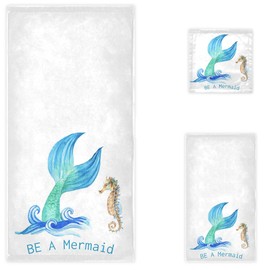 Naanle Maic Mermaids Tail Sea Horse Soft Luxury Decorative Set of 3 Towels, 1 Bath Towel+1 Hand Towel+1 Washcloth, Multipurpose for Bathroom, Hotel, Gym, Spa and Beach(White Blue)