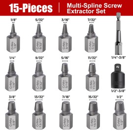 Screw Extractor Set - Easy Out Bolt Extractor Kit, 15 Pieces 3/8" Inch Drive Hex Head Multi-Spline Bolt Remover Kit Tool for Removing Stripped, Broken Rusted Bolts Screws