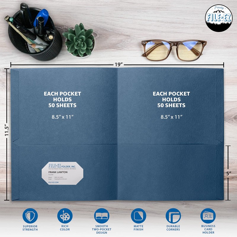 FILE-EZ Two-Pocket Folders, Dark Blue, 125-Pack, Textured Paper, Letter Size