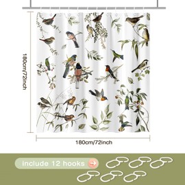 Bird Shower Curtain for Bathroom, Country Farmhouse Shower Curtain with 12 Hooks Green Leaves Floral Decor Shower Curtain Waterproof Washable Bath Curtain, 72 X 72 Inch